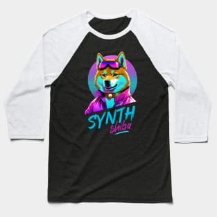 Synthwave Shiba with Cyan and Magenta Sun Baseball T-Shirt